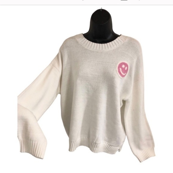 Jessica Simpson off white pink smiley face emoji‎ embroidered seeater size M - Picture 1 of 8